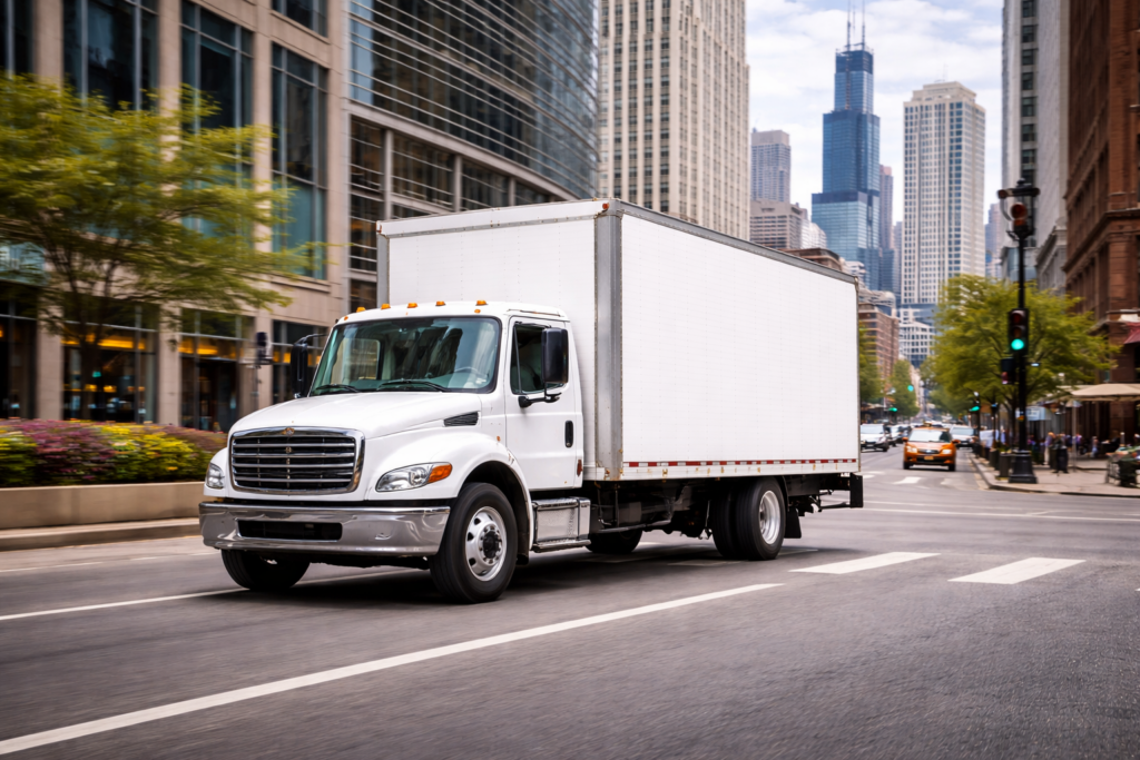 Box truck freight transportation driving through downtown Chicago delivering commercial shipments