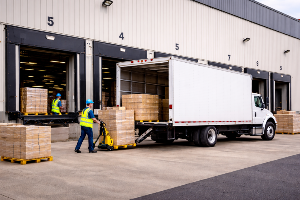 Box truck freight transportation delivering pallet shipments at Chicago warehouse loading dock