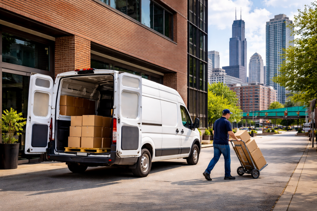 Box truck freight transportation delivering pallet shipments at Chicago warehouse loading dock