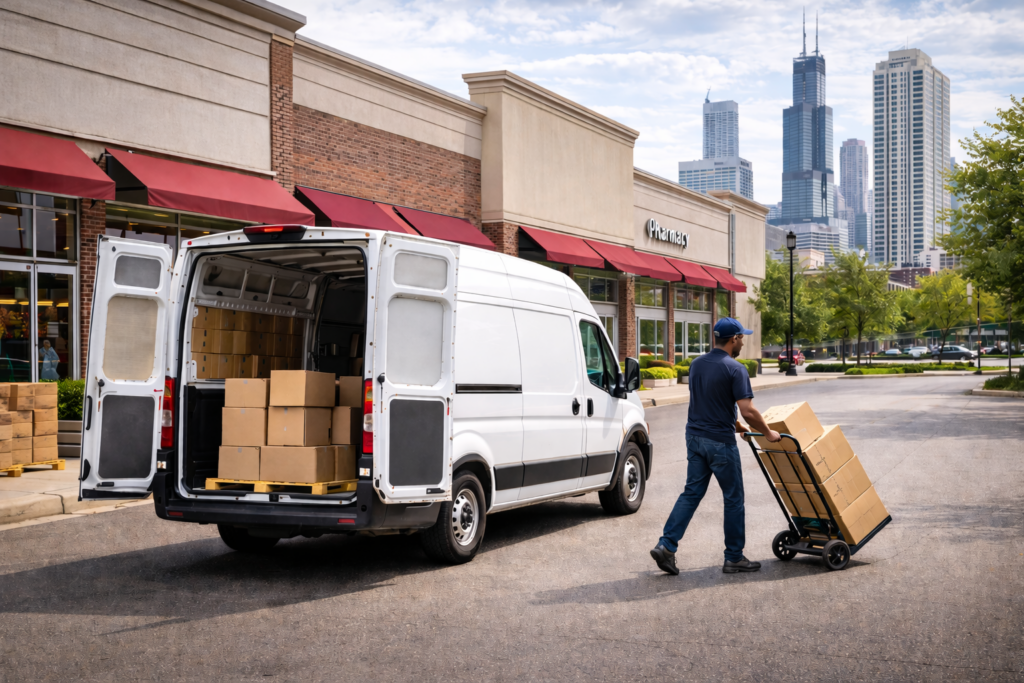 Cargo van delivery service transporting business freight in Chicago Illinois commercial area