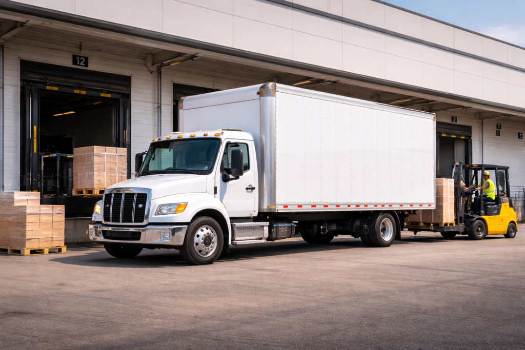 White box truck loading pallet freight at warehouse dock in Chicago