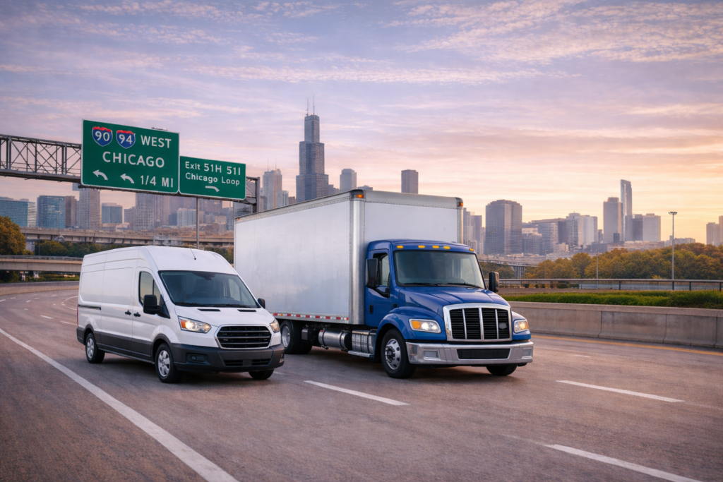 Cargo van and box truck freight transportation services driving on Chicago highway with skyline