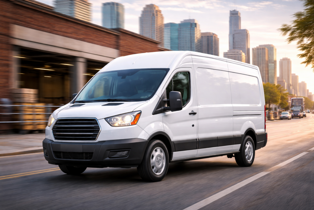 White cargo van providing delivery and freight transportation services in Chicago and surrounding suburbs
